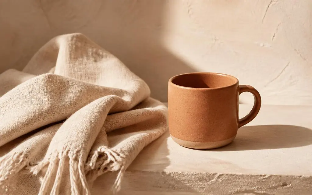 A folded linen throw and a warm ceramic mug in soft daylight