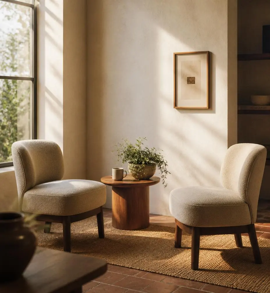 Two chairs angled toward each other beside a sunlit window, a quiet space to talk