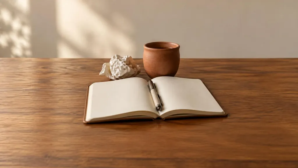 An open notebook with both pages blank, a capped pen across the gutter and one crumpled sheet of paper beside it.