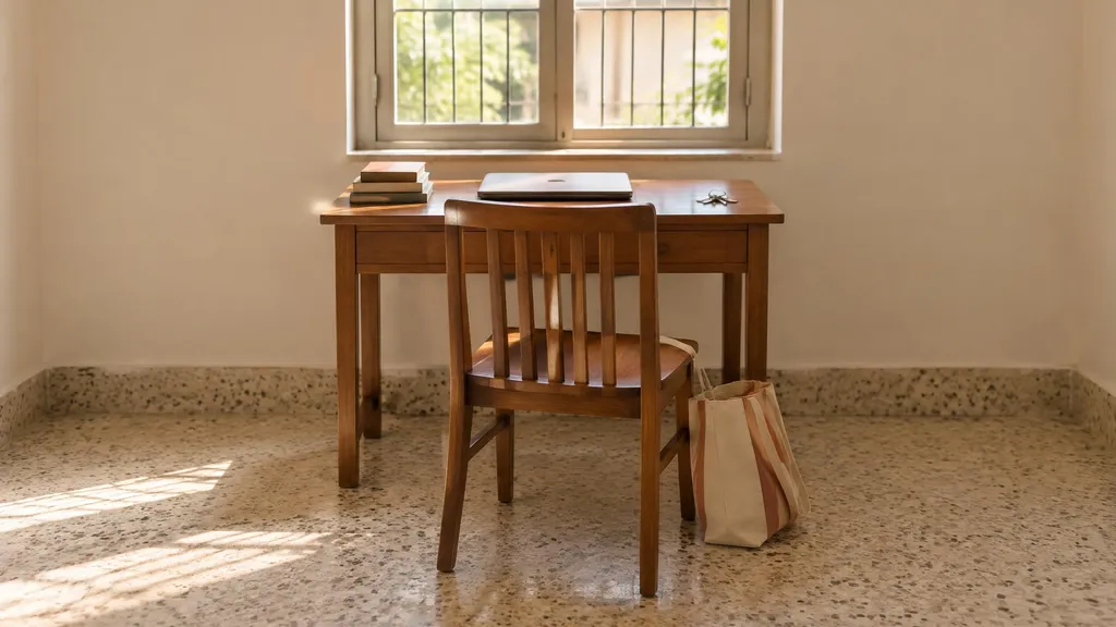 A study desk by a window with a closed laptop, a stack of books, keys and a cotton bag against the leg of an empty chair.