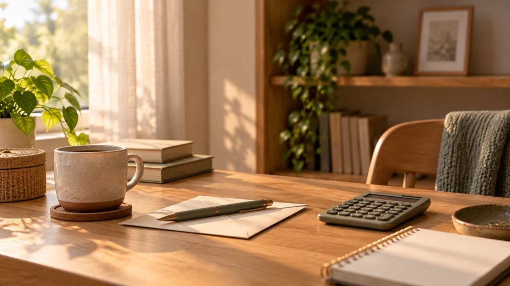 A plain unmarked envelope and a pen on a wooden table beside a mug of tea.