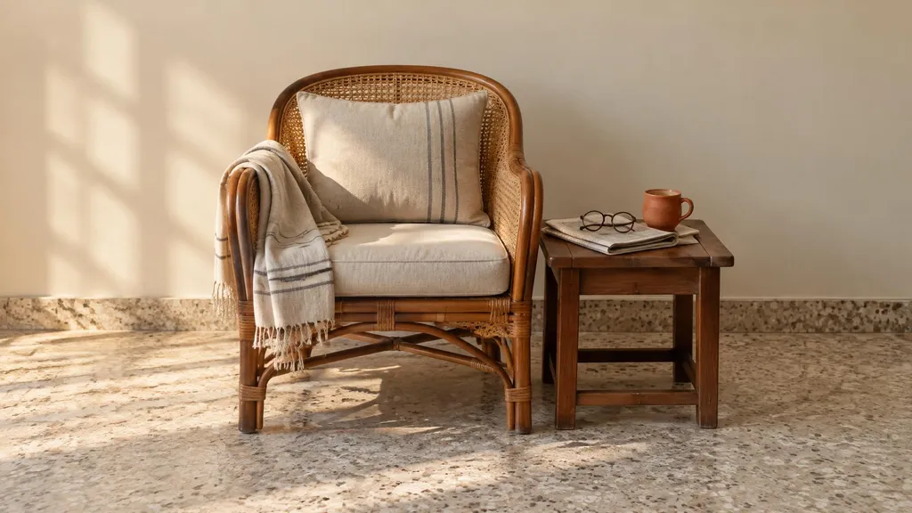 A cane armchair with a folded throw beside a low teak table holding a newspaper, reading glasses and an untouched cup of tea, in morning light.