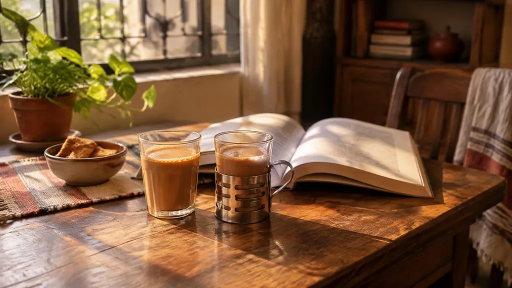 Two glasses of chai on a worn teak table, one in a steel holder, beside an open book with its pages out of focus.