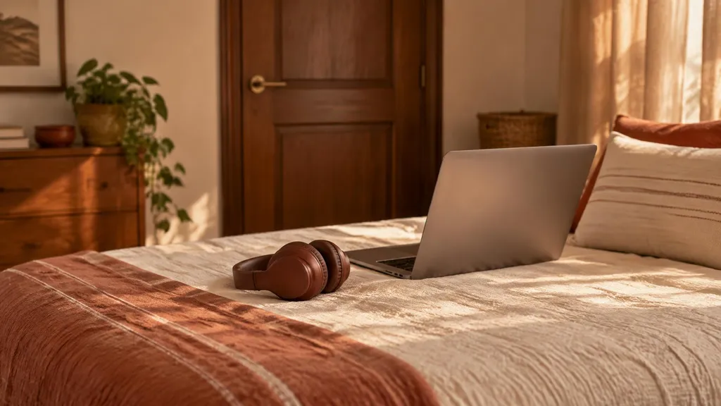 A closed bedroom door seen from inside, with headphones and an open laptop resting on a neatly made bed.