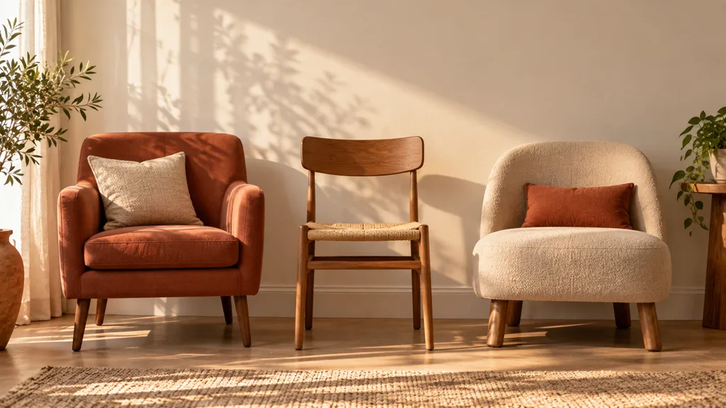 Three different empty chairs side by side against a pale wall: a terracotta armchair, a wooden chair and a low cream one.