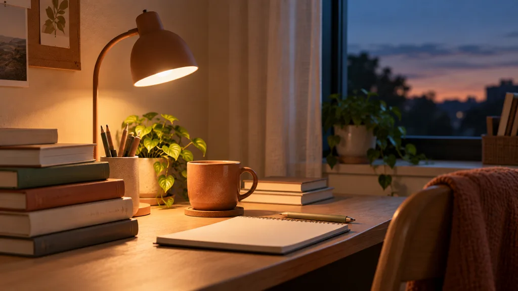A tidy study desk at dusk with a stack of closed books, a lit lamp, a mug and an open notebook by a window.