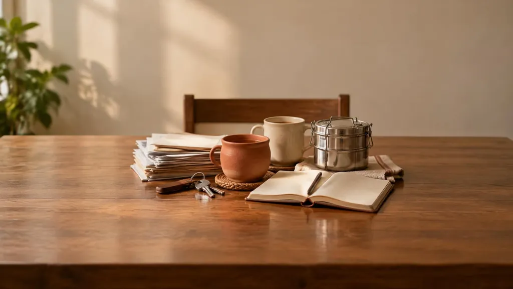 A kitchen table holding a stack of papers, two cups, keys, an open notebook and a steel tiffin box, all gathered together.