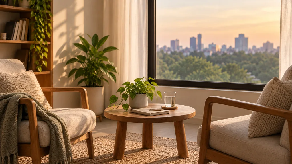 Two empty armchairs turned slightly towards each other across a low round table, beside a window at dusk.