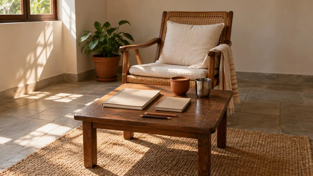 Two notebooks and pencils, a terracotta cup and a steel tumbler sit on a teak table in front of a cushioned cane chair in soft daylight.