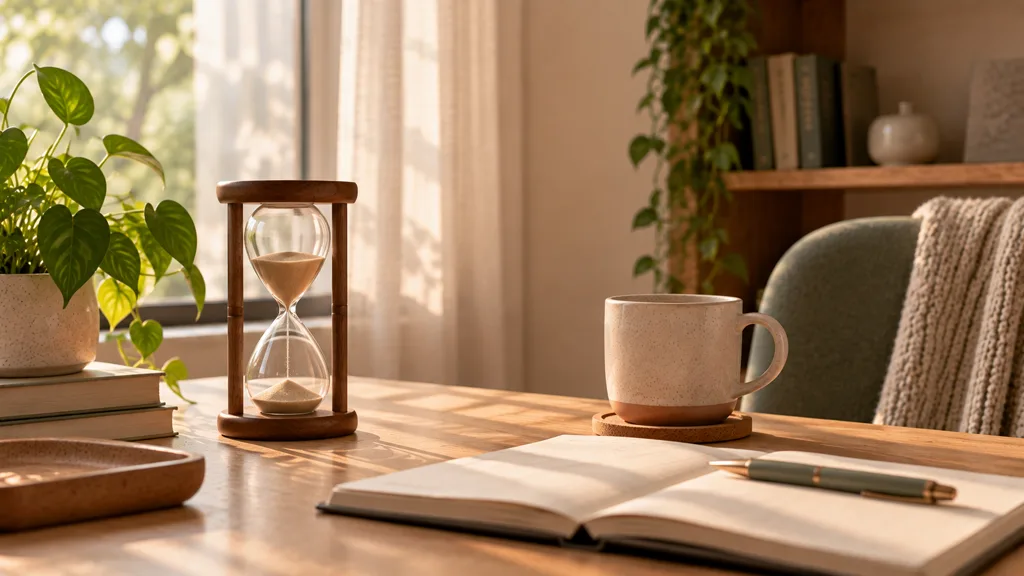 An hourglass on a wooden table beside a mug and an open notebook, in daylight from a window.