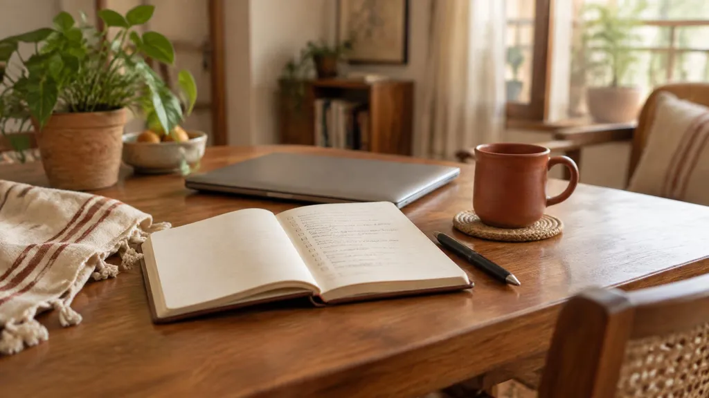 An open notebook with a short handwritten list, a pen beside it and a closed laptop behind, on a teak table.