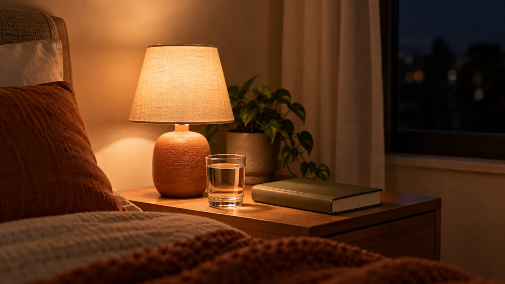 A bedside lamp lit in a dark room, with a glass of water and a closed book on the table beside it.