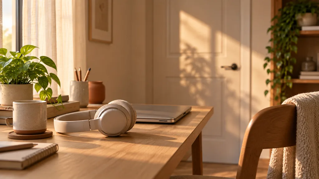 Over-ear headphones and a closed laptop on a desk in a quiet room, with the door shut in the background.