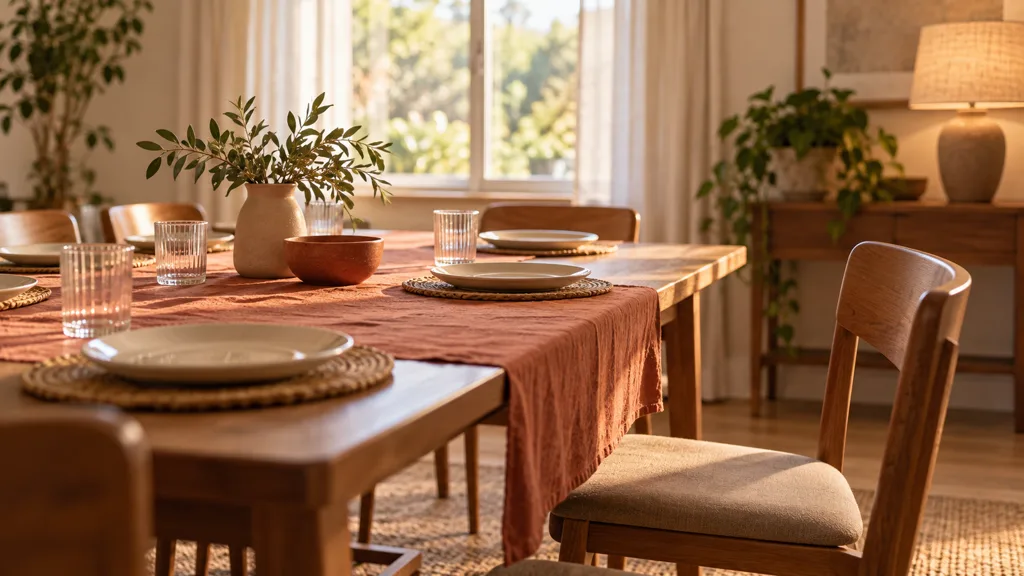 A dining table laid for several people with chairs drawn up around it, one place at the near end left empty.