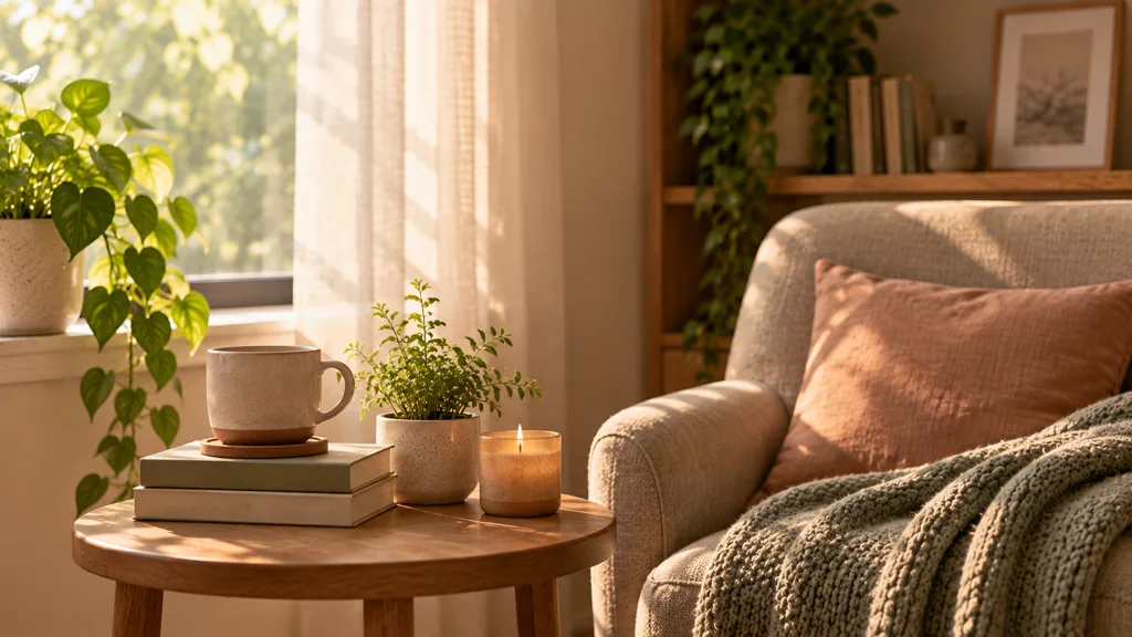 A knitted throw over the arm of a chair, beside a small round table holding a mug, books and a lit candle.