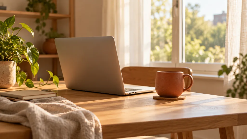 An open laptop with the screen facing away on a wooden table by a window, beside a terracotta mug on a cork coaster.