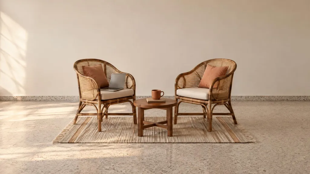 Two cane armchairs facing each other across a small rug, an open laptop on one seat and a terracotta cup on a low table between them.