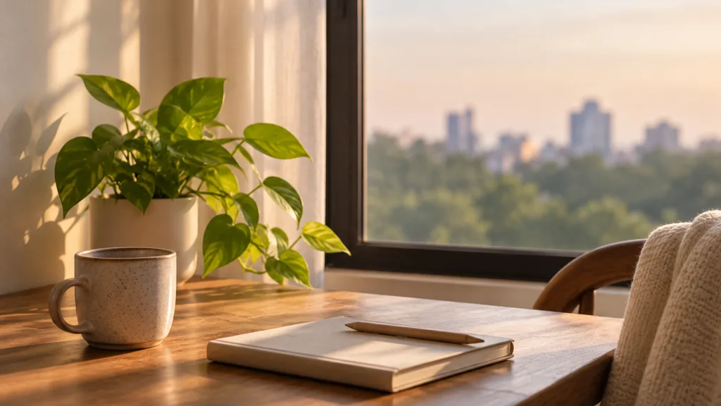 A closed notebook and a pen on a wooden table beside a mug, with morning light coming through a window.