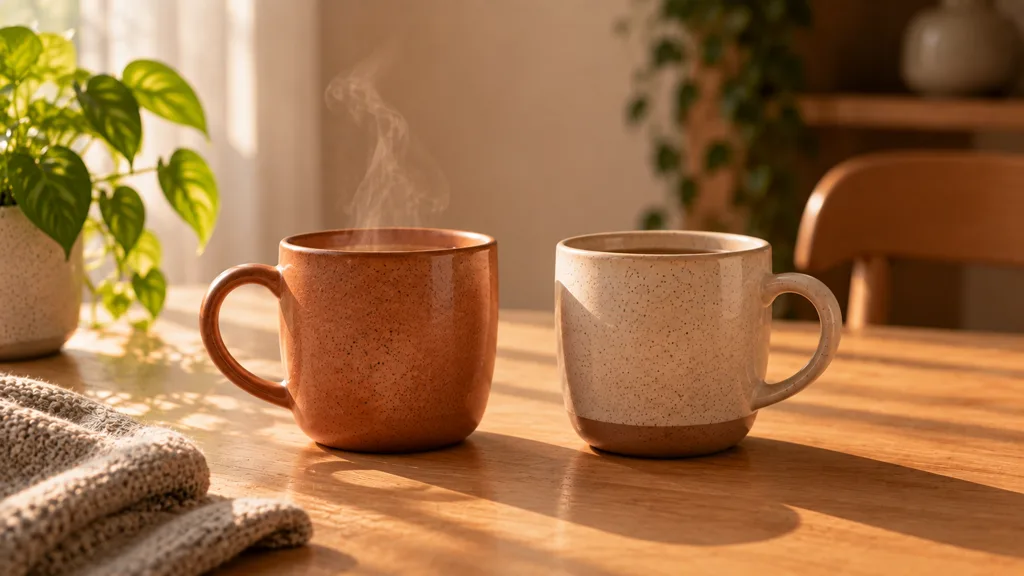 Two ceramic mugs side by side on a wooden table, one with steam rising from it and one quite still.
