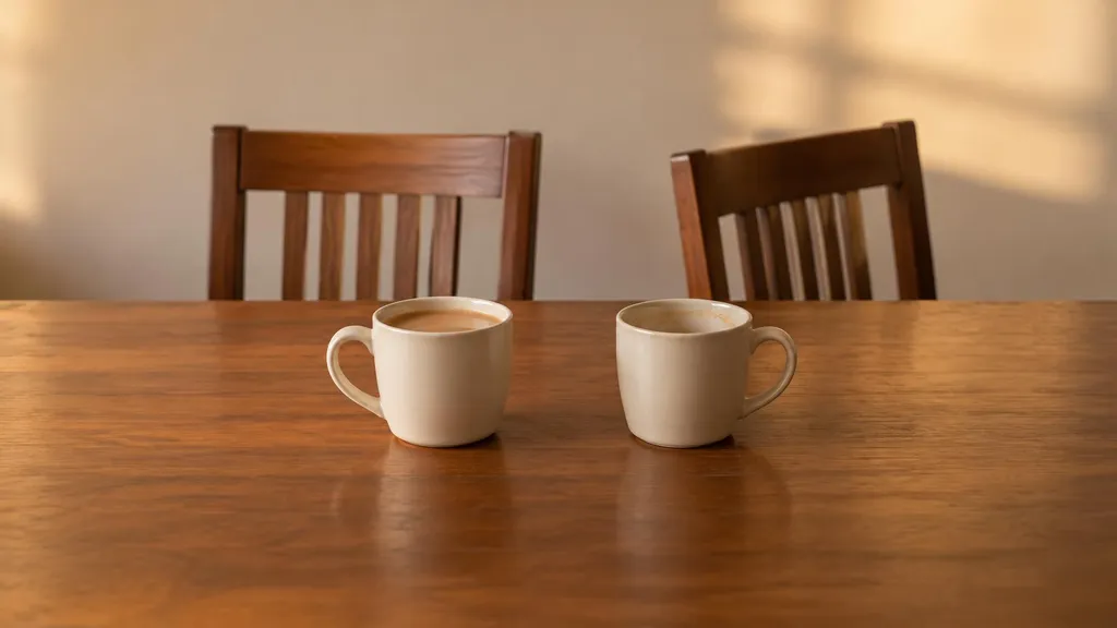 Two cups on a teak dining table placed a little apart, one still full, with two chairs turned slightly away from each other.