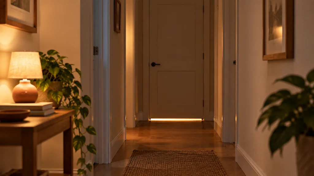 A quiet hallway at home looking towards a closed bedroom door, with a line of warm light underneath it.