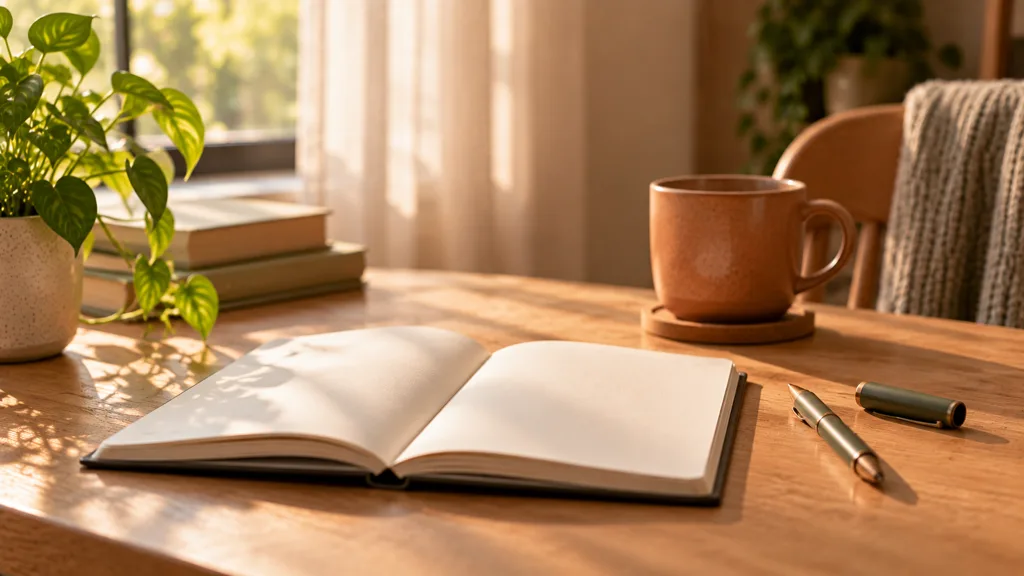 An open notebook with both pages blank on a wooden table, a pen resting beside it and a mug behind.