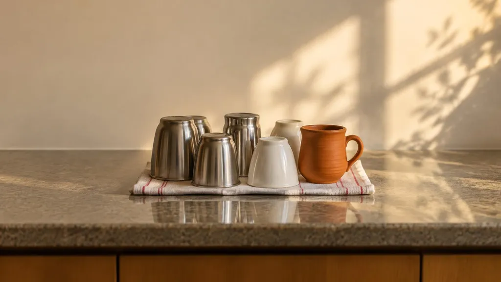Several washed steel tumblers and cups upturned on a cloth to dry, with one clean terracotta mug beside them, unused.