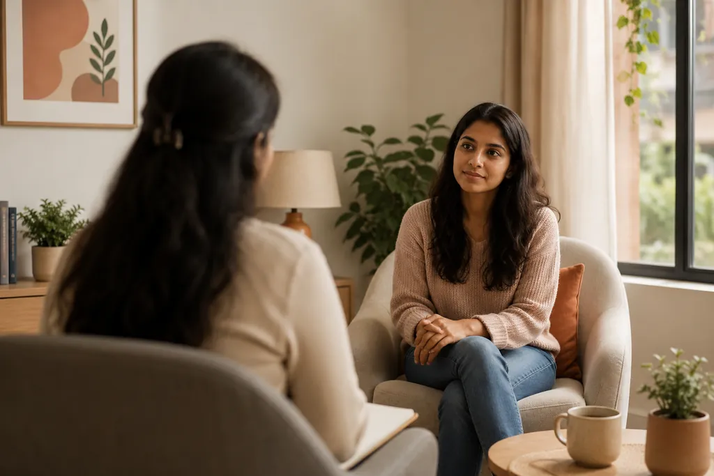 A counsellor and client seated in armchairs in a warm, sunlit room during a one-to-one session
