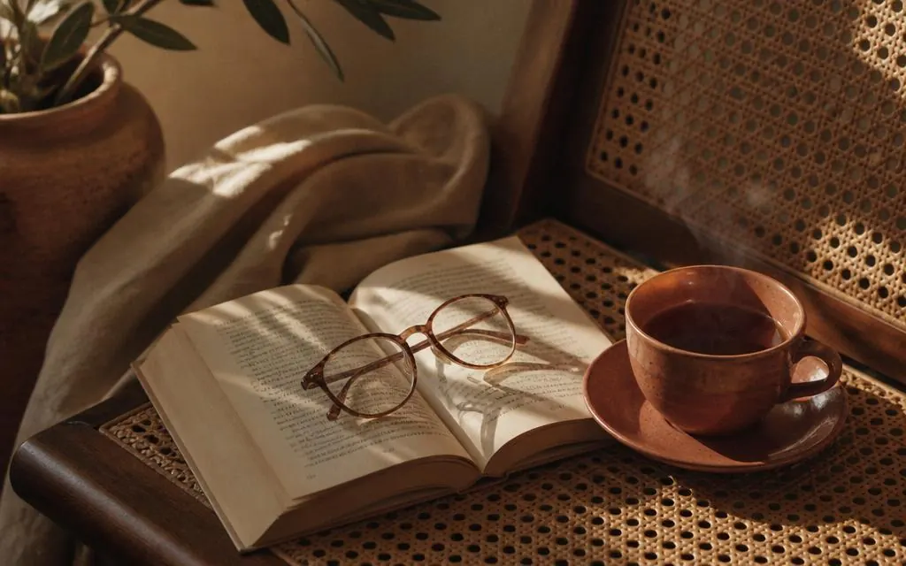 Reading glasses on an open book beside a cup of tea on a cane chair