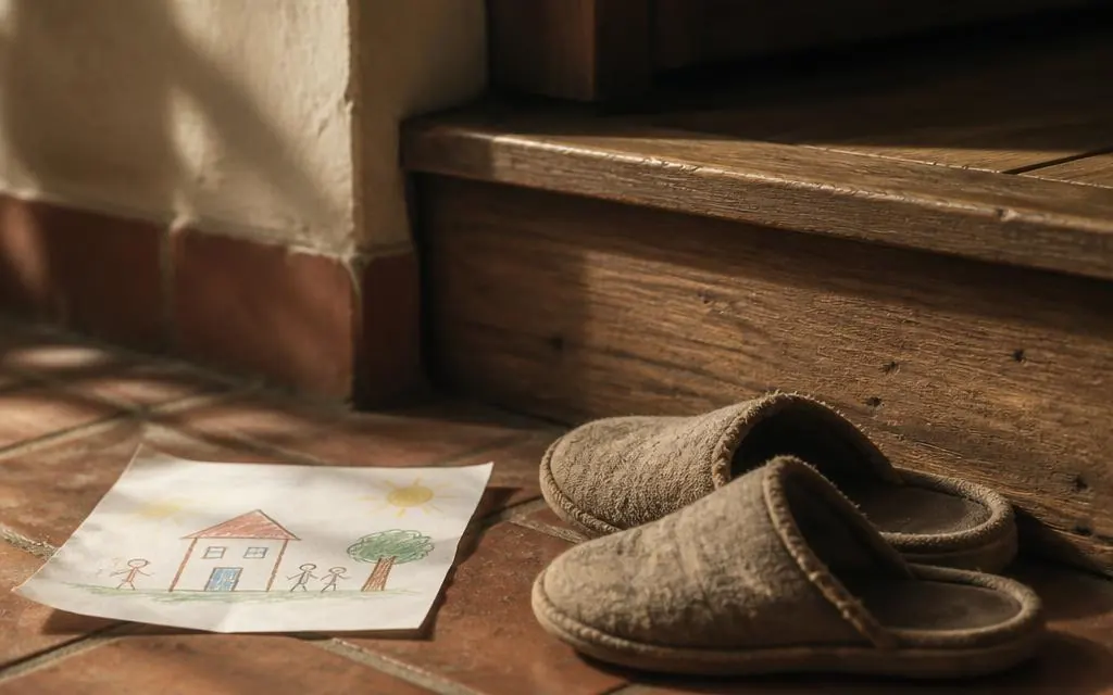 A child's crayon drawing and house slippers by a wooden step in warm light